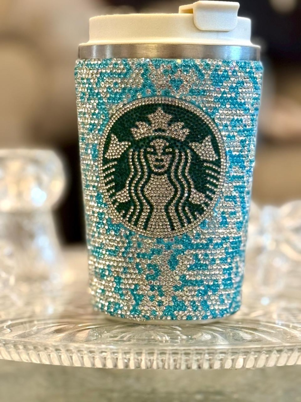 Beautiful Rhinestone Embellished Crystal Tumbler;Aqua & whiteTemperature check